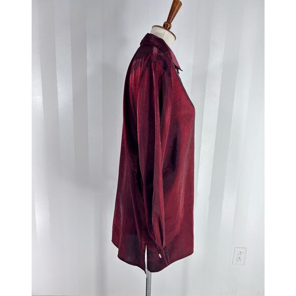 STUDIO WORKS Women’s Maroon Sateen Button Up Top Sz L - Picture 2 of 10